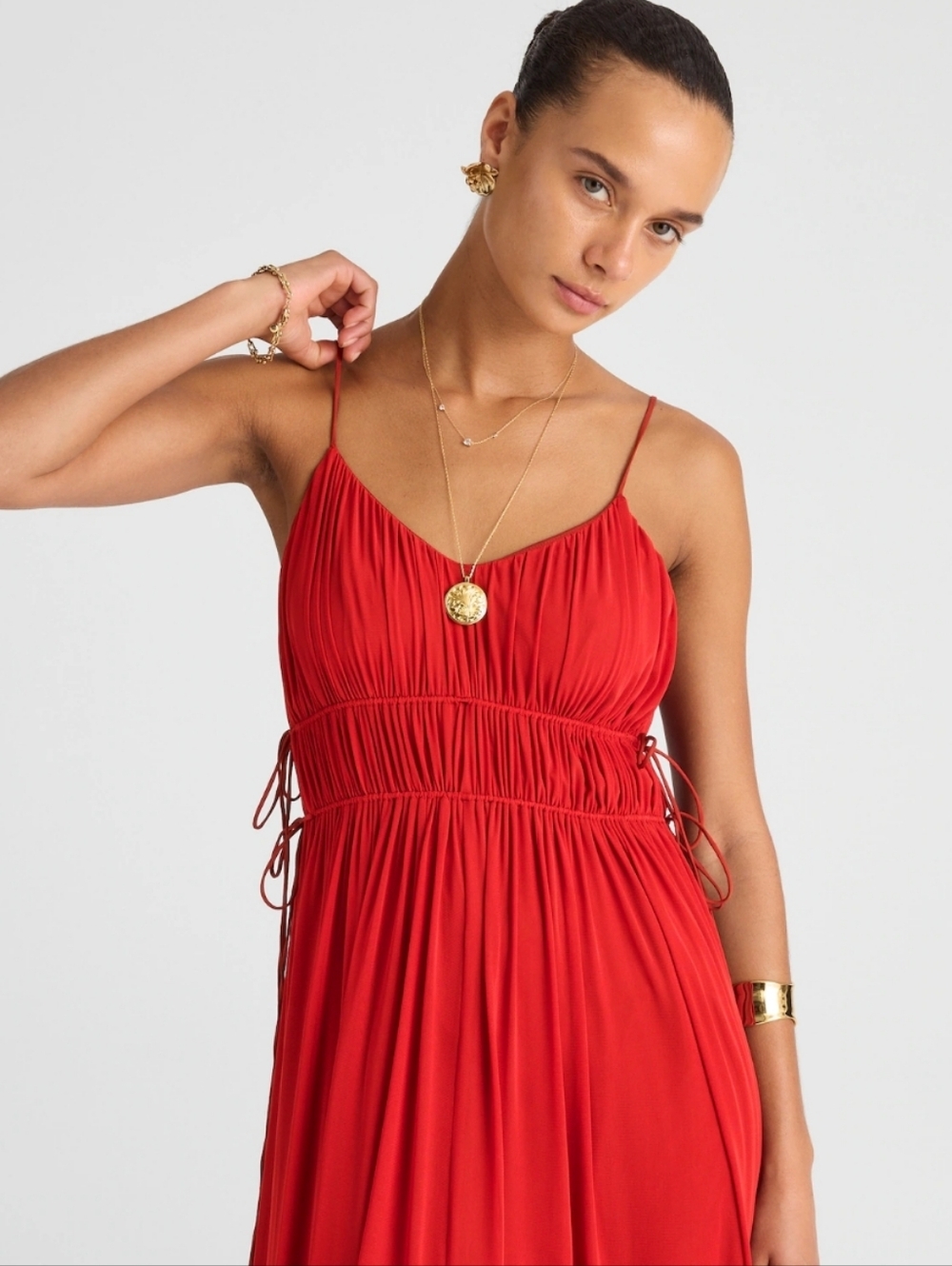 Madewell Gathered V-neck Midi Dress - red - Picture 3 of 13